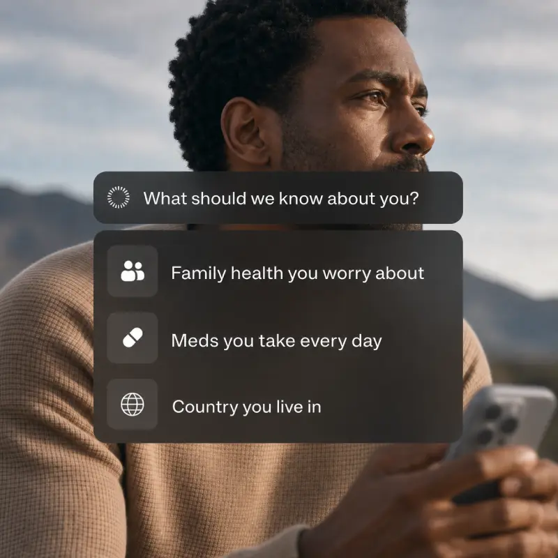 Health profile questionnaire showing age, medications, and family history matched to published guidance