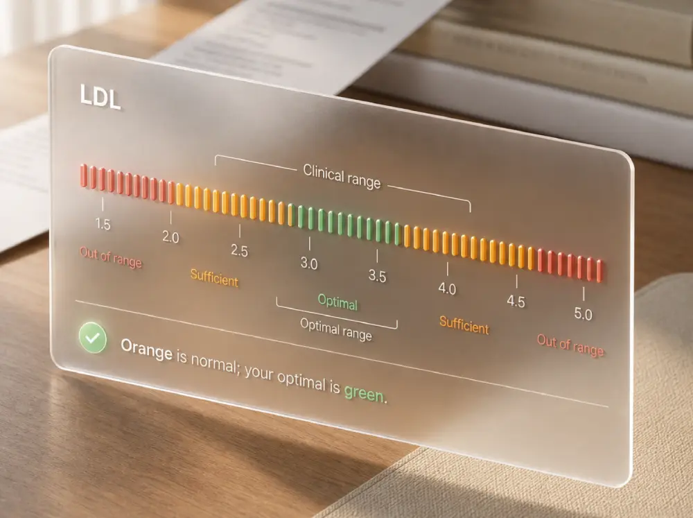 Dual-range bar for LDL showing out-of-range and sufficient zones with a narrower green optimal zone inside the clinical range