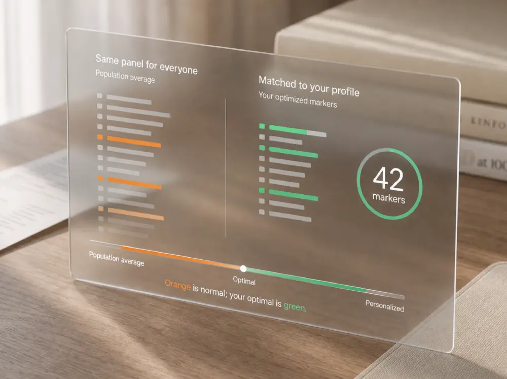 Frosted glass card comparing a long generic marker stack with a shorter profile-matched list and dual-range bar